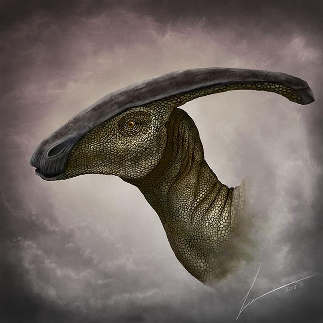 Digital painting of a parasaurolophus