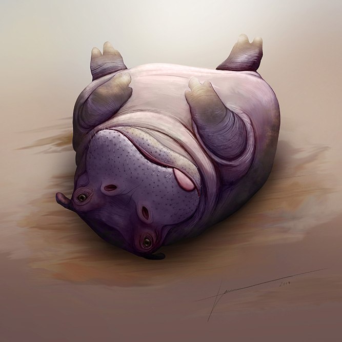 Digital painting of a happy hippo playing in mud